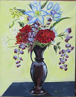 Painting of a luxurious vase and assorted flowers